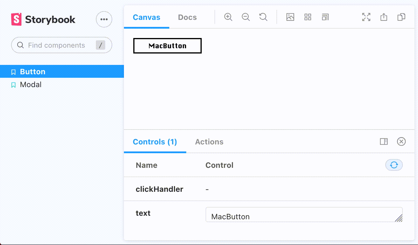 The text being changed via the controls addon and the action addon working as intended. Animated gif.