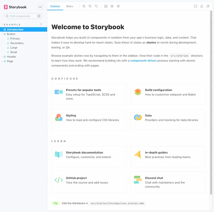 An instance of Storybook running locally. Screenshot.